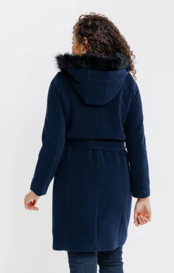 Manteaux<Armand Thiery LONG MANTEAU CEINTURE CAPUCHE FOURRURE - Marine