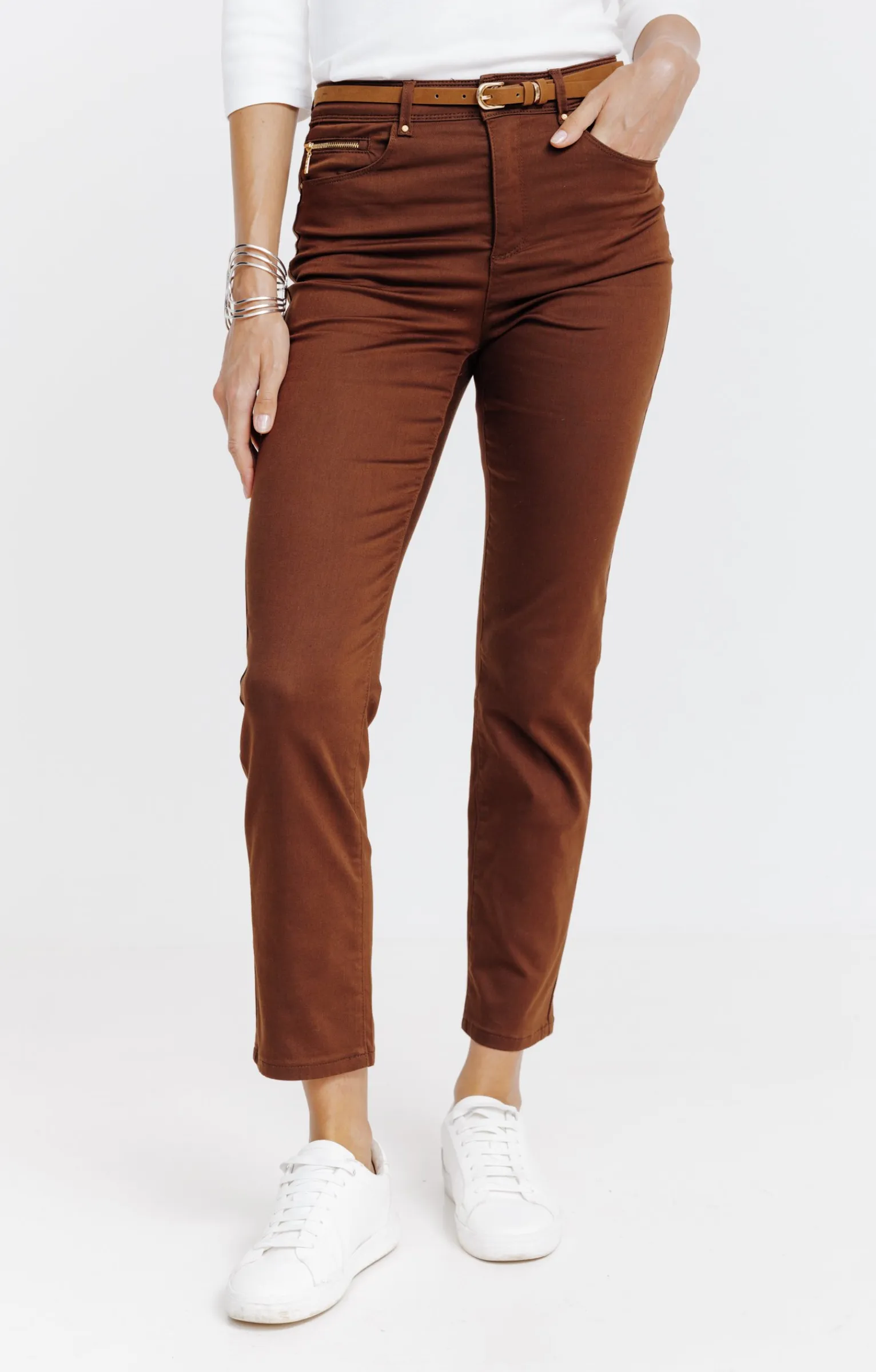 Pantalons<Armand Thiery Pantalon 7/8 avec ceinture similicuir - Marron