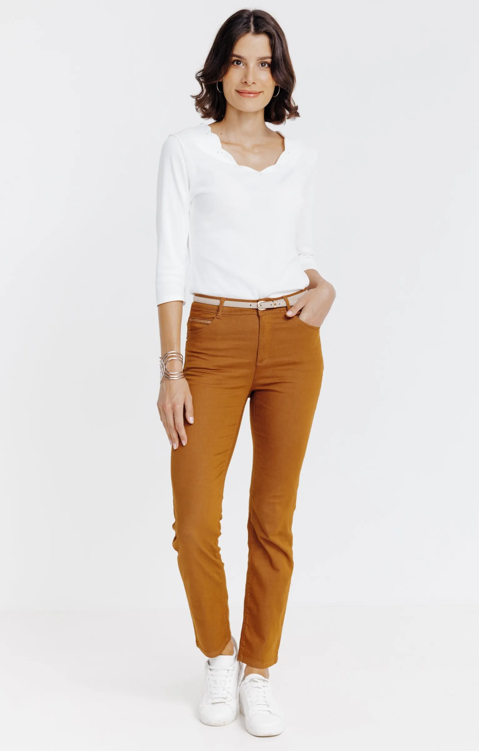 Pantalons<Armand Thiery Pantalon 7/8 coton viscose avec ceinture - Havane