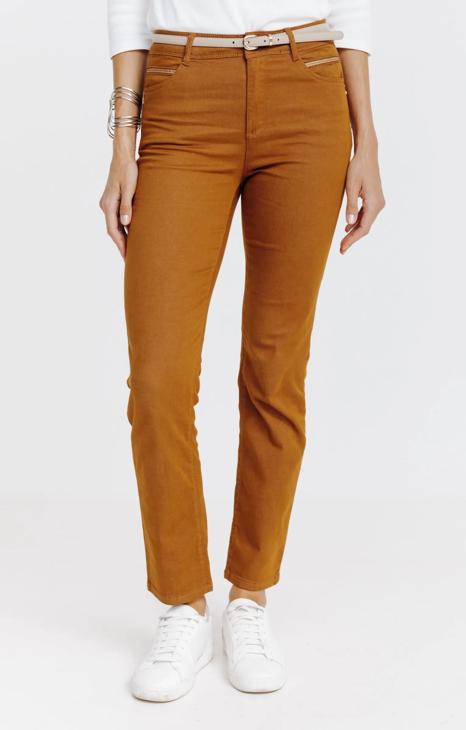 Pantalons<Armand Thiery Pantalon 7/8 coton viscose avec ceinture - Havane