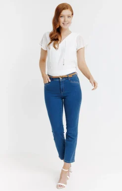 Pantalons<Armand Thiery Pantalon 7/8 satin denim stone ceinture - Bleu
