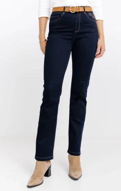 Pantalons<Armand Thiery Pantalon satin denim broderie fleur - Bleu