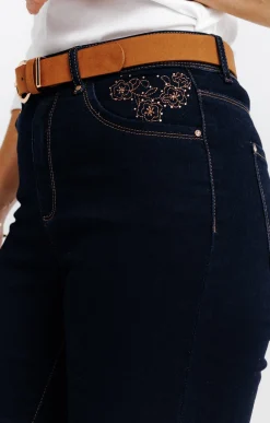 Pantalons<Armand Thiery Pantalon satin denim broderie fleur - Bleu