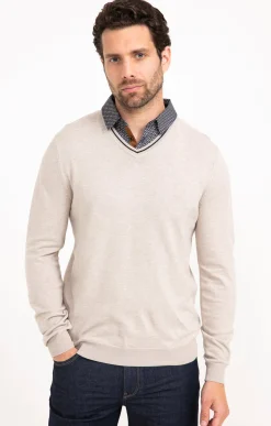 Pulls & Gilets<Armand Thiery Pull uni col V avec chemise - Beige
