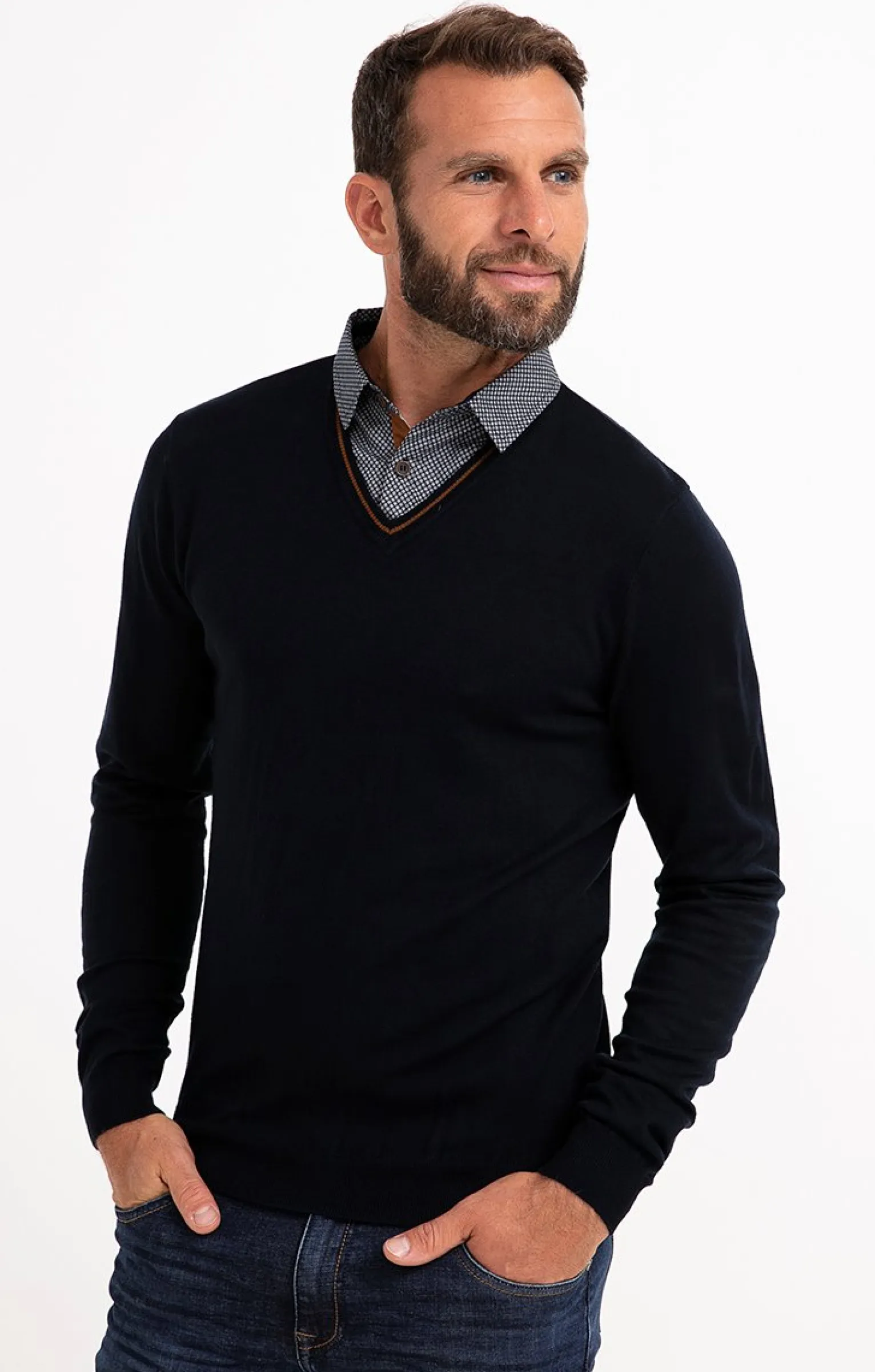 Pulls & Gilets<Armand Thiery Pull uni col V avec chemise - Marine