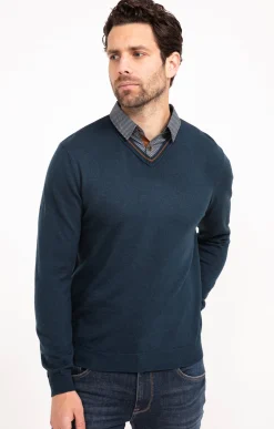 Pulls & Gilets<Armand Thiery Pull uni col V avec chemise - Pétrole