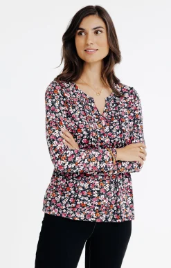 Tee-shirts<Armand Thiery TEE-SHIRT COL MAO IMRIME FLEURS - Noir