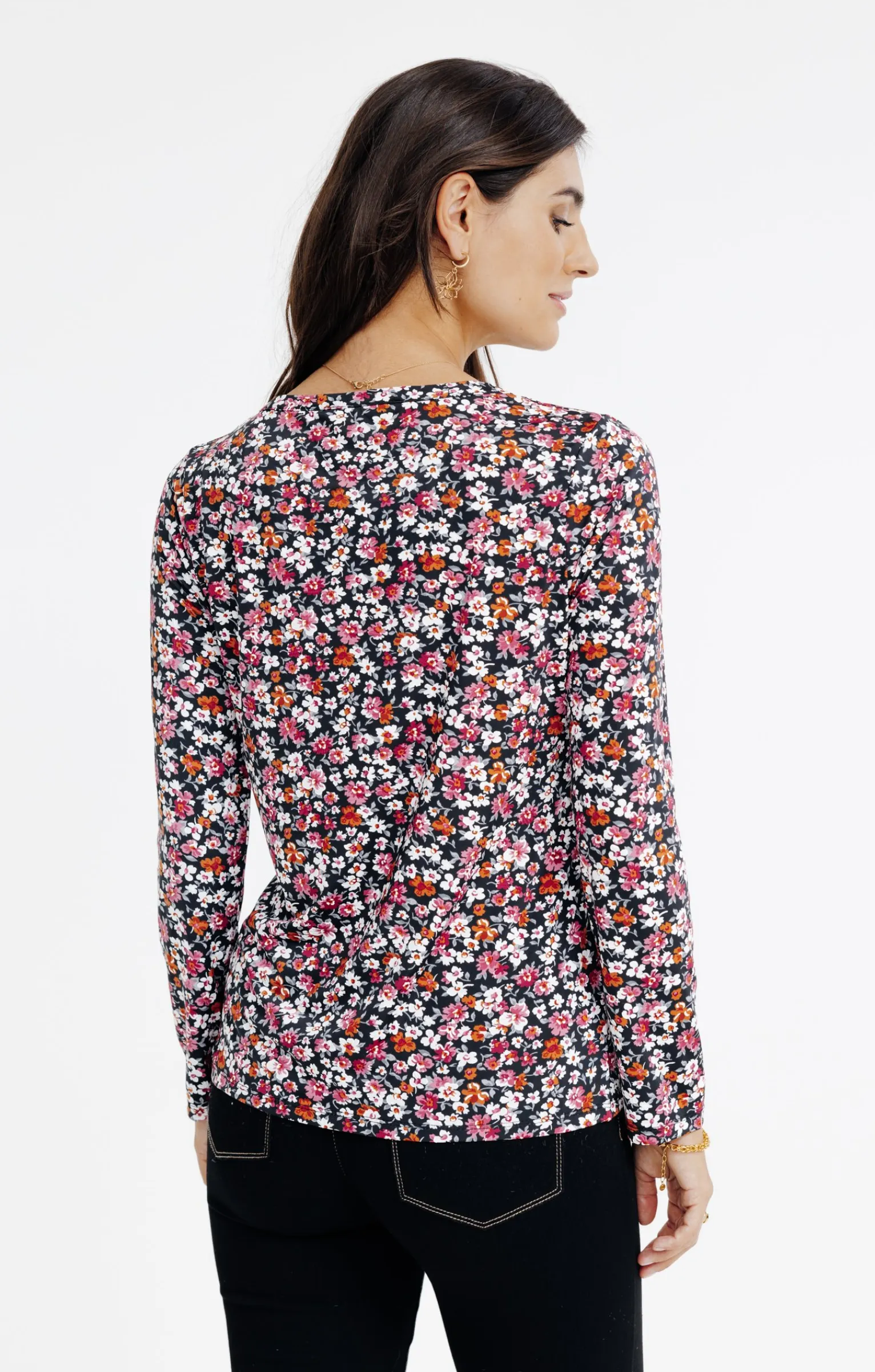 Tee-shirts<Armand Thiery TEE-SHIRT COL MAO IMRIME FLEURS - Noir