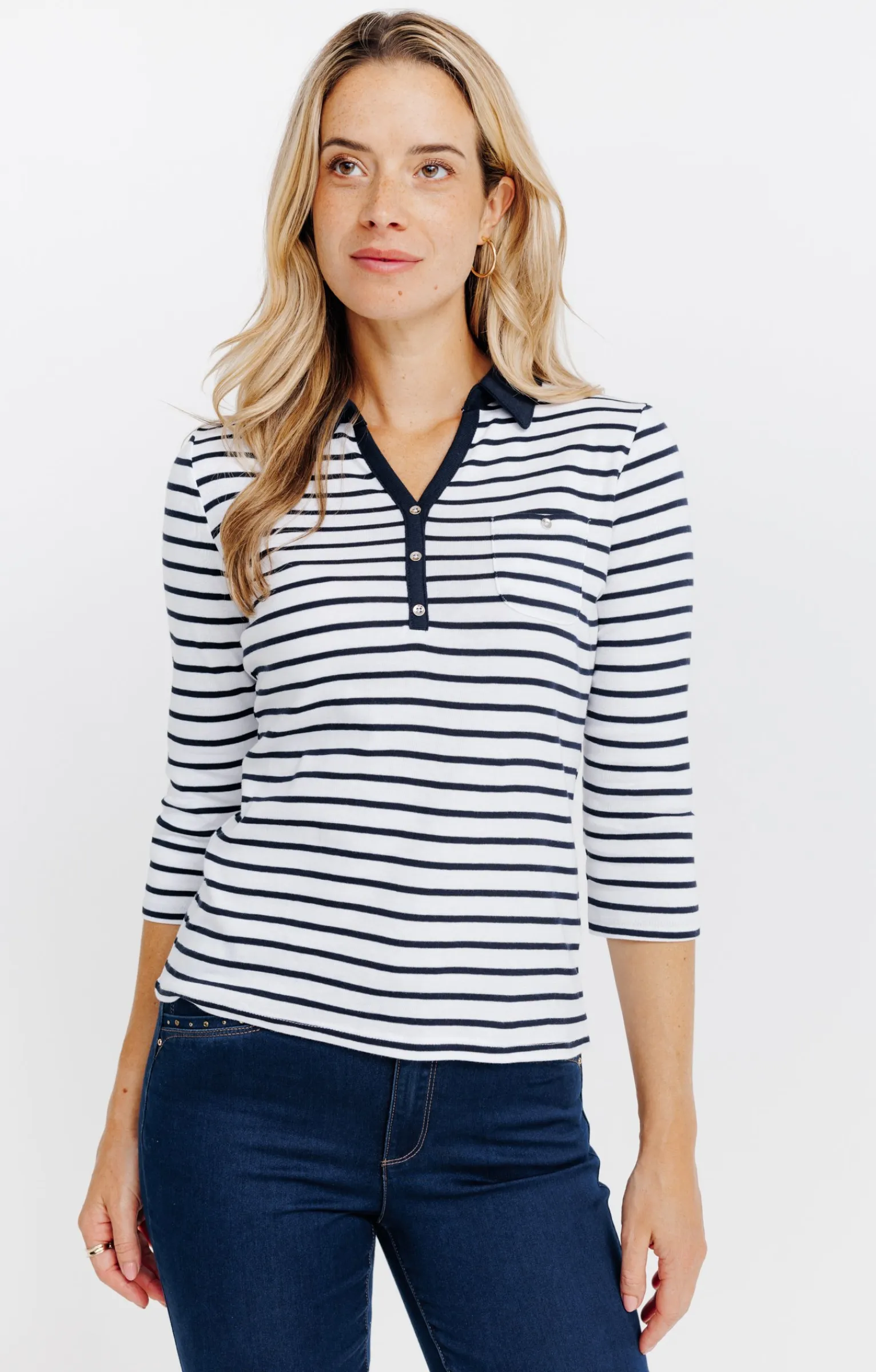 Tee-shirts<Armand Thiery Tee-shirt rayures col chemise - Marine