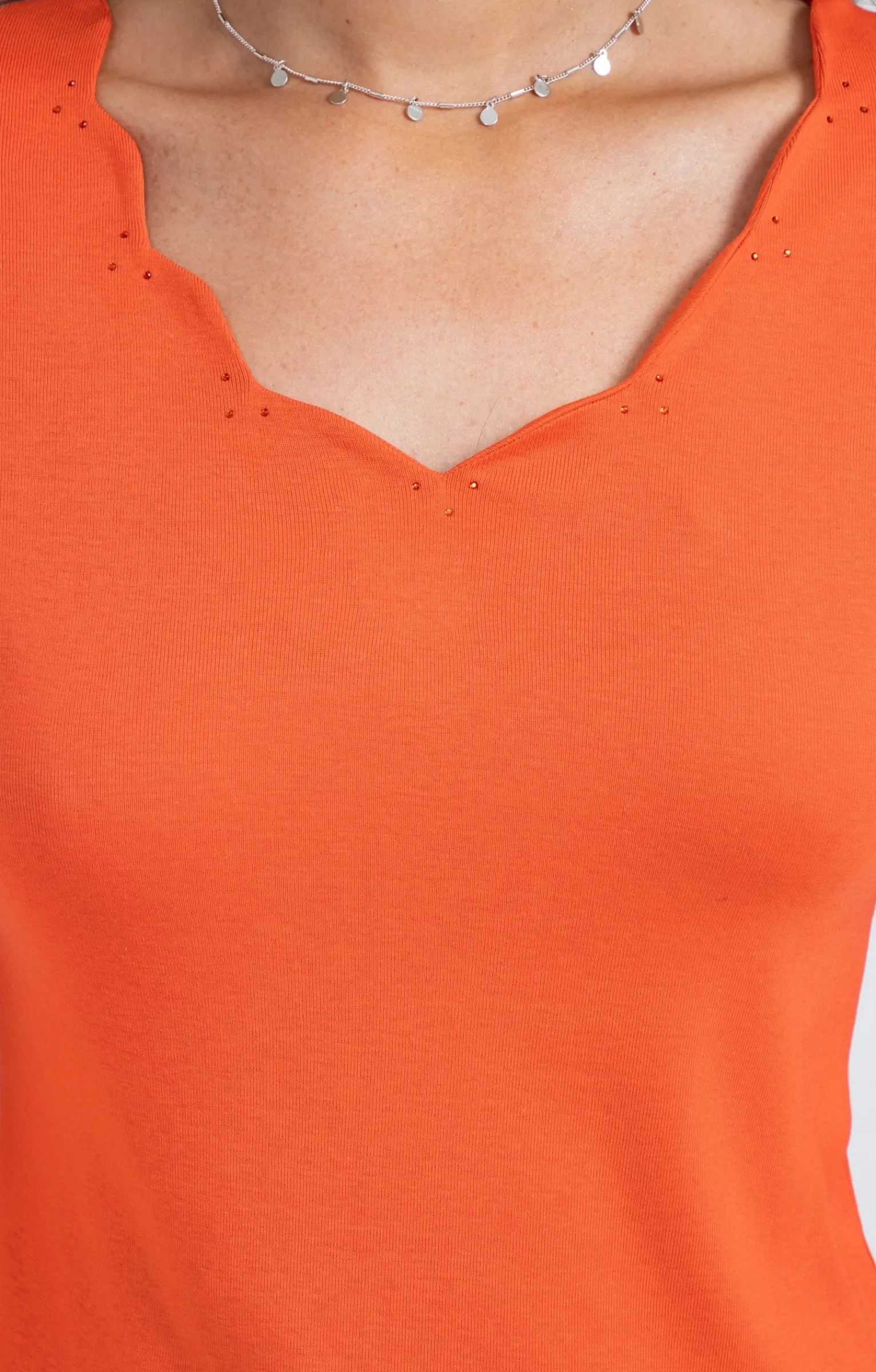Tee-shirts<Armand Thiery Tee-shirt uni col V festons - Mandarine
