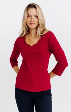 Tee-shirts<Armand Thiery Tee-shirt uni col V festons - Bordeaux