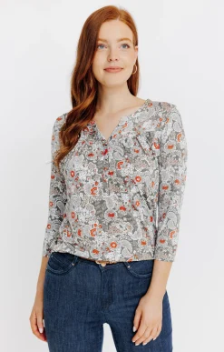 Tee-shirts<Armand Thiery T-SHIRT COL MAO IMPRIME FLEURI - Kakiclair