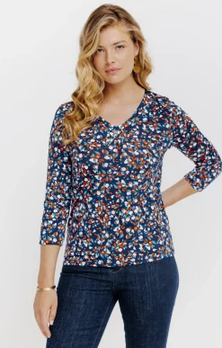 Tee-shirts<Armand Thiery T-SHIRT COL V IMPRIME FLEURI - Bleu
