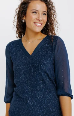 Tee-shirts<Armand Thiery T-SHIRT FETE COL V MANCHES 3/4 - Bleu