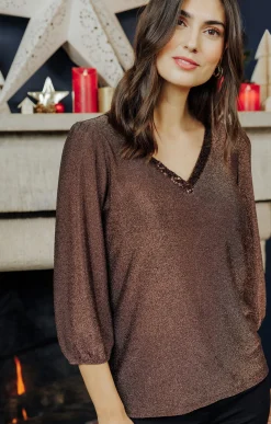 Tee-shirts<Armand Thiery T-SHIRT FÊTES COL V SEEQUINS - Bronze
