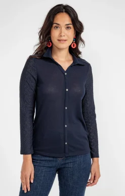 Tee-shirts<Armand Thiery T-SHIRT MANCHES LONGUES DENTELLE - Marine
